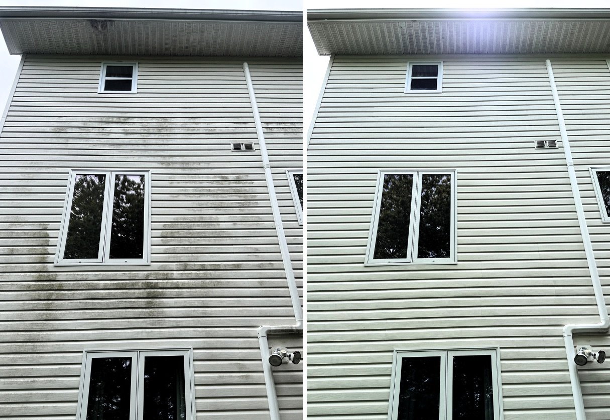 Before and after soft wash of a home exterior