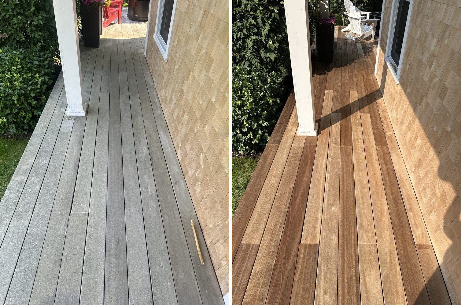 Deck before and after professional cleaning, showing weathered grey wood restored to its natural golden colour