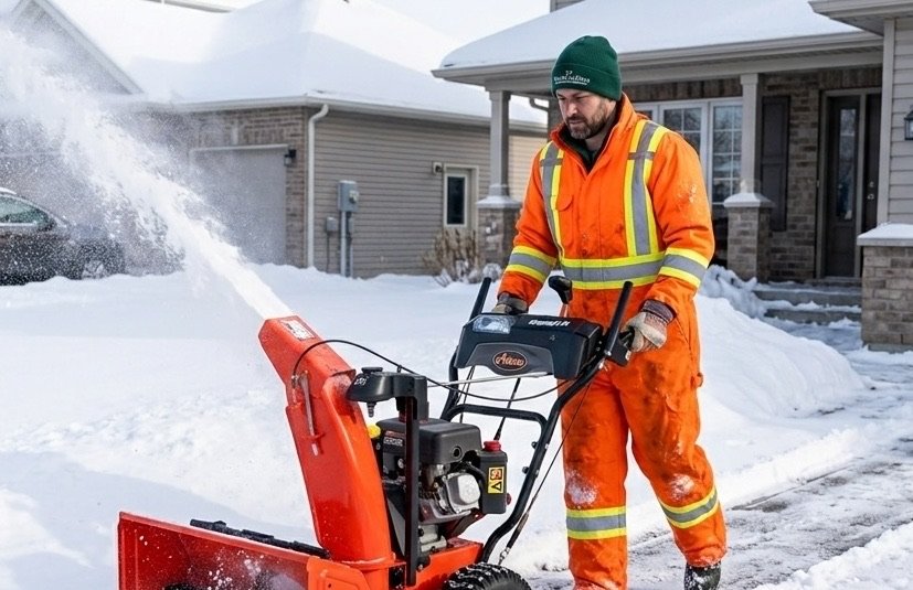 WashCrafters team member in hi-vis coveralls clearing a snow-covered West Bedford driveway with a two-stage snowblower