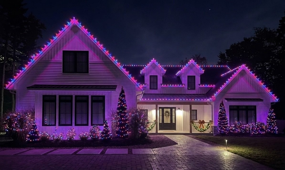 Classic multi-colour holiday lighting on a home exterior