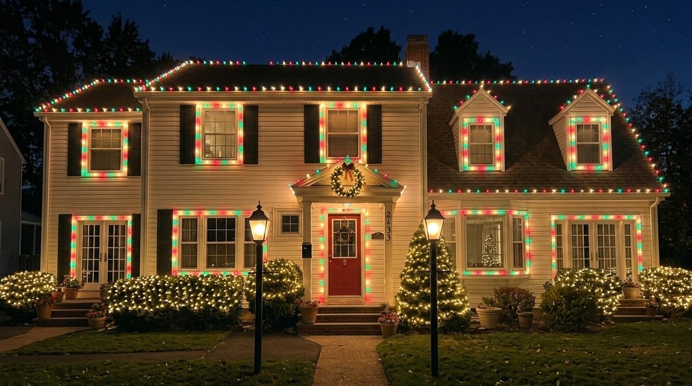 Classic Halifax home lit for the holidays &mdash; red and green roofline C9 lights, warm-white window outlines, a lit wreath, wrapped mini-trees and glowing shrubs
